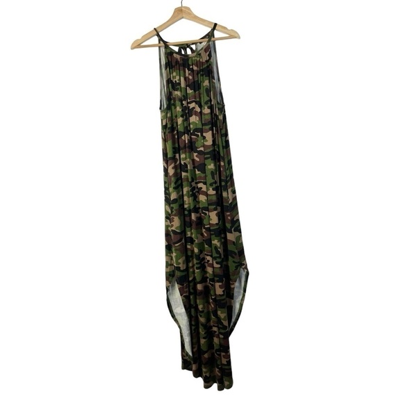 Venus Olive Green Camo High Tie Neck Maxi Dress L - Picture 2 of 4
